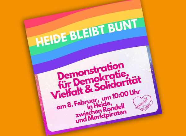 Plakat Dithmarschen ist bunt in vielen Farben als Aufruf zur Demontration am 8. Februar in Heide.