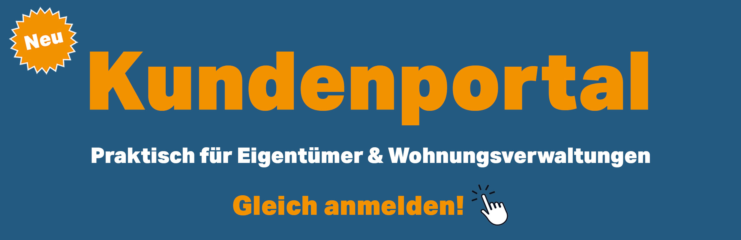 Startseitenmotiv "Neues Kundenportal" Typo Kundenportal in Orange mit einem Icon NEU! als Hinweis auf das neue Angebot der AWD.