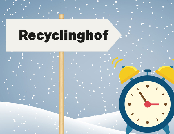 Schnee, ein Schild mit Recyclinghof und ein Wecker als Zeitsymbol